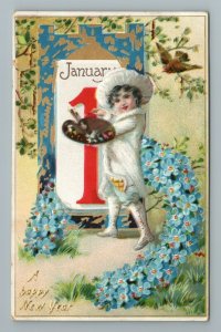 1910 Raphael Tuck Happy New Year Painter Pallet Boy White Hat Embossed Postcard 