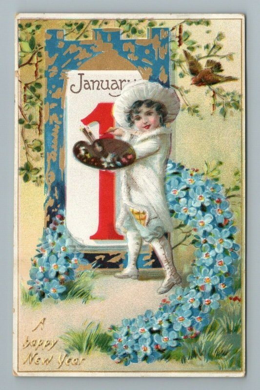 1910 Raphael Tuck Happy New Year Painter Pallet Boy White Hat Embossed Postcard 