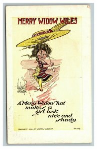 Vintage 1908 Comic Postcard Merry Widow Wiles - Sexy Woman with Large Umbrella