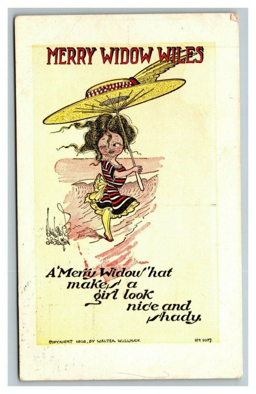 Vintage 1908 Comic Postcard Merry Widow Wiles - Sexy Woman with Large Umbrella