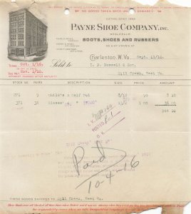 CHARLESTON WV~PAYNE SHOE COMPANY-VIRGINIA STREET~1916 BILLHEAD