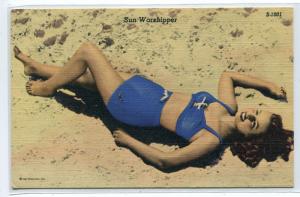 Bathing Beauty Woman Swimsuit Beach Sun Worshiper linen postcard