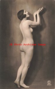 918723-Studio Shot, RPPC, Beautiful Risque Nude French Woman with Palms Raised