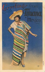 Postcard 1940s Mexico Tijuana Woman Traditional dress Big Curio Store 22-12559