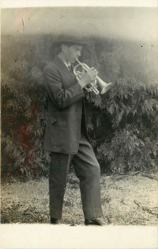 c1907 Amateur RPPC Postcard; Young Man in Suit Plays Trumpet, Music, Unknown US