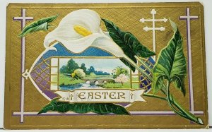 Easter Greeting Beautiful Lily & Scenic View on Gold Finish Embossed Postcard I4