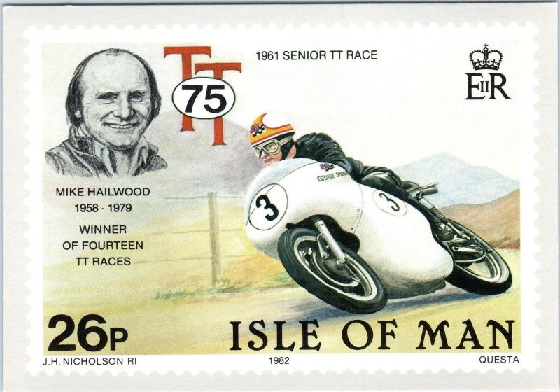 ISLE of MAN, UNITED KINGDOM  1961 MOTORCYCLE RACE PO Stamp Card 1982