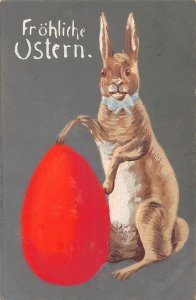 Easter Greetings Humanized Rabbit with Collar Red Egg vintage postcard C318