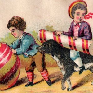1880s Victorian Trade Card Fantasy Children Giant Candy & Cute Dog F107