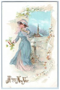 Beaverton Oregon OR Postcard New Year Pretty Woman Mistletoe Embossed c1910's