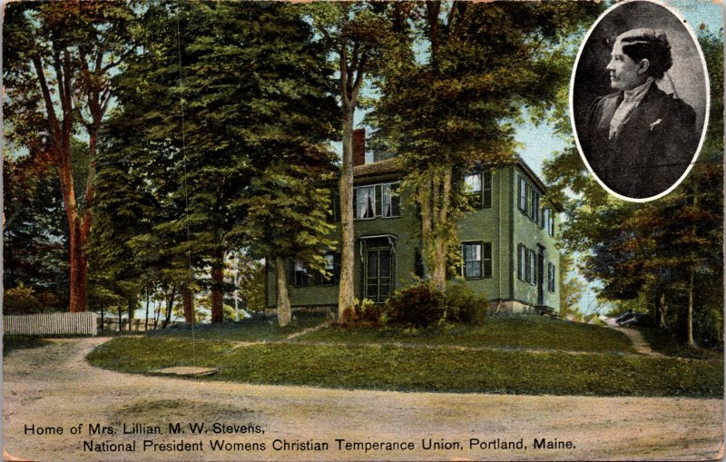 Portland ME Home of Lillian M W Stevens Temperance Leader Postcard used 1909