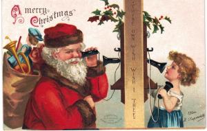 Clapsaddle Christmas Santa Girl Telephone Thine Own Wish I Wish On Thee 1910 