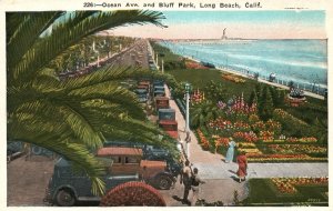 Long Beach CA-California, Ocean Avenue and Bluff Park, Cars, Vintage Postcard