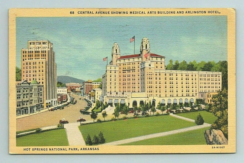 Central Ave, Medical Arts, Arlington Hotel, Hot Springs Park, Arkansas Postcard