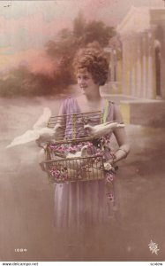 RP;  Woman carrying a cage full of Doves, 1900-10s (2)
