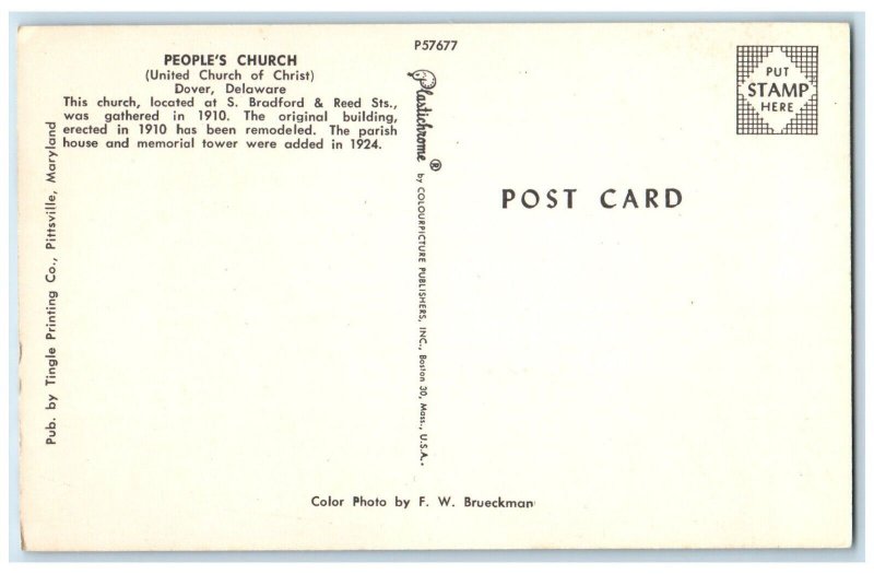 c1960 People's Church United Church Christ Bradford Reed Dover Delaware Postcard