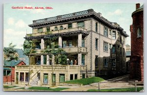 Akron Ohio~Garfield Hotel~Guests on Porch~2 Balconies~c1910 Postcard