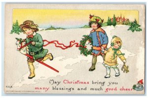 Christmas Children Playing With Berries Winter Scene Tuck's Antique Postcard