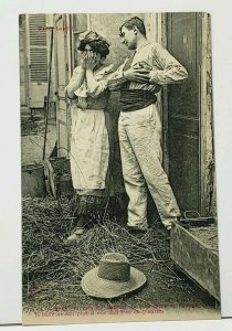 Couple Man In Yard TOO LATE  He Says MY HEART French Courting Postcard I17