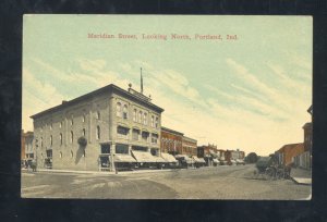 PORTLAND INDIANA DOWNTOWN MERIDIAN STREET SCENE STORES VINTAGE POSTCARD