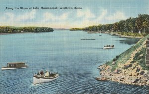 Boats Cruising Along the Shore Lake Maranacook, Winthrop, Maine Linen Postcard 