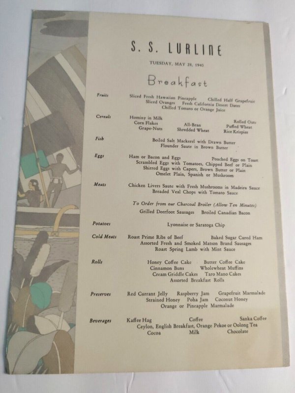 S.S. Lurline Vintage menus. May 28, 1940