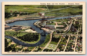 Houston Texas~Aerial View~Turning Basin & Port Houston~Vintage Linen Postcard