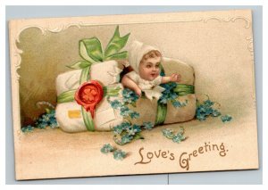 Vintage 1910's International Art Greetings Postcard Cute Baby Present Green Bow