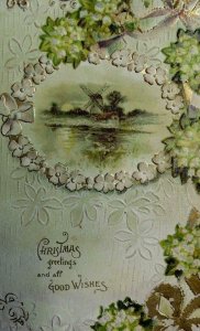 Embossed Christmas Victorian Trade Card, Dutch Windmill Floral Border Y3