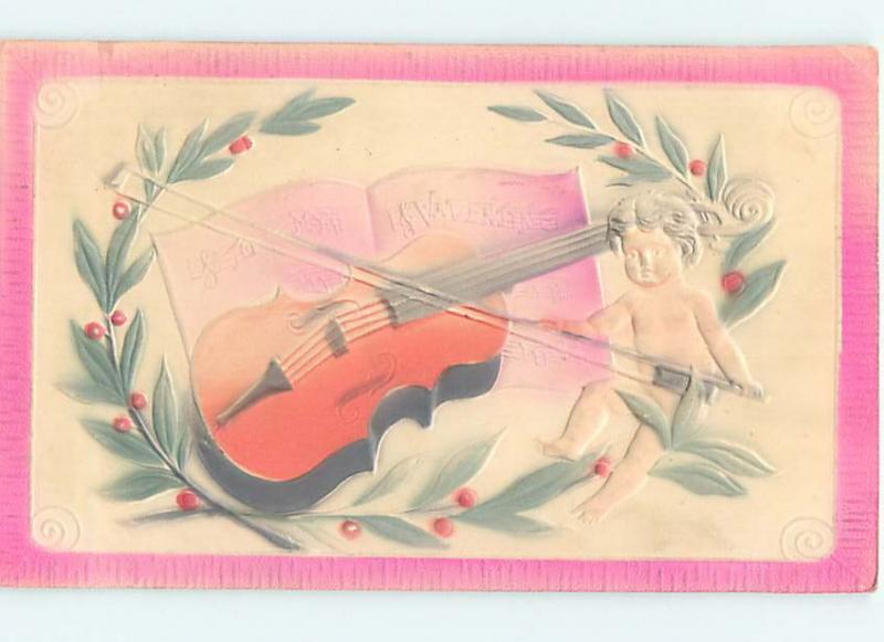 Pre-Linen valentine art nouveau EMBOSSED CUPID PLAYS VIOLIN MUSIC HJ2770