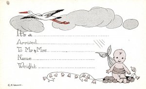 Vintage Postcard Stork Announcements Baby Was Born Delivery Clouds