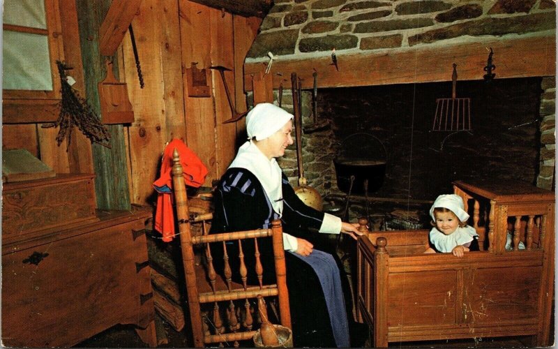 Cradle Scene Pilgrim Mother 1st House Plimoth Plymouth Rock MA Postcard UNP VTG 