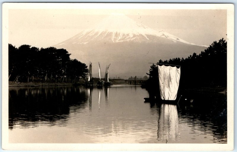 c1940s Mount Fuji, Japan RPPC Beautiful Fujiyama Real Photo PC Boats Vtg A132