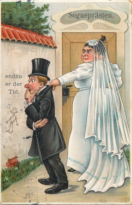 Comic wedding groom and bride caricature Denmark 1914 humor postcard