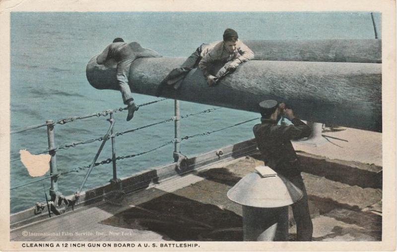 Cleaning 12-inch Gun on Board a U. S. Navy Battleship Military WWI pm 1918 - WB