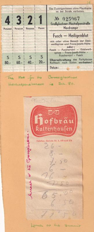 Grossglockner Hochalpenstrasse Fusch 1950s Toll & Lunch on Summit Receipt