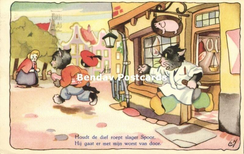 Dressed Cats, Thief steals Sausage from Butcher (1954) Artist Signed LvN