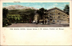 Postcard The Acacia Hotel, Street Scene, Pikes Peak in Colorado Springs Colorado