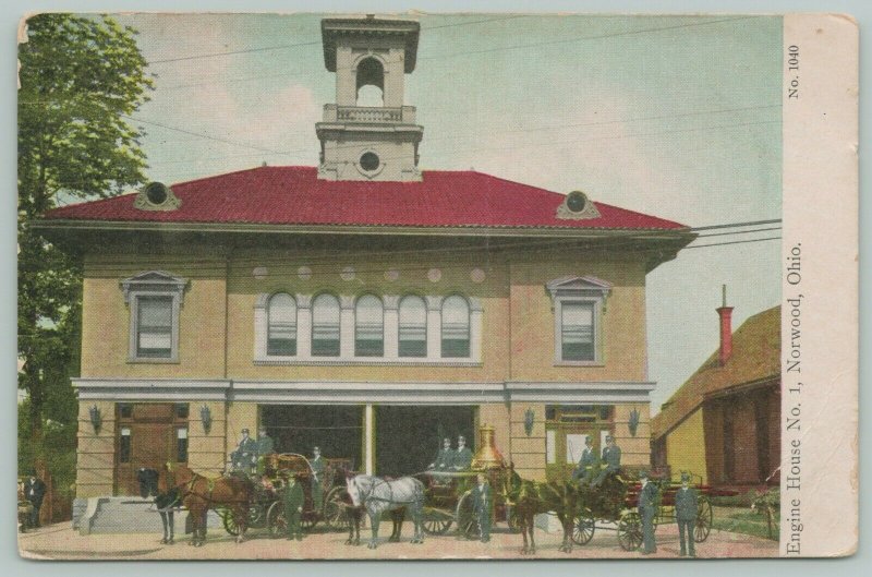 Norwood Ohio~Horse-Drawn Firetrucks~Engine House #1~Fat Belltower c1908 Postcard 