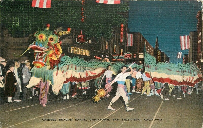 Postcard California San Francisco Chinese Dragon Dance Chinatown night 23-9781