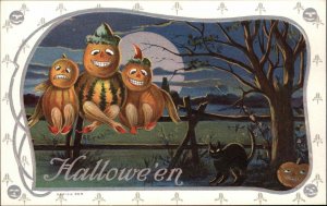 Halloween Pumpkin People Sit on Fence c1910 Postcard bnhs EXC COND