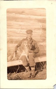 Antique RPPC Postcard Man with Large Terrier Dog Vintage Snapshot Photo 1920s