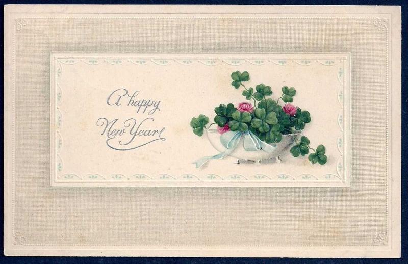 Happy New Year Clover in a Bowl used c1914
