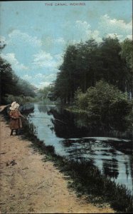 Woking Surrey Little Girl Stick Fishing The Canal Vintage Postcard