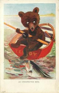 c1907 Postcard; Teddy Bear in Rowboat, An Unexpected Bite Sporty Bears Ser. 83