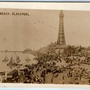 1909 Blackpool, England RPPC Beach Real Photo Oyster Kiosk Bathing Machines A73