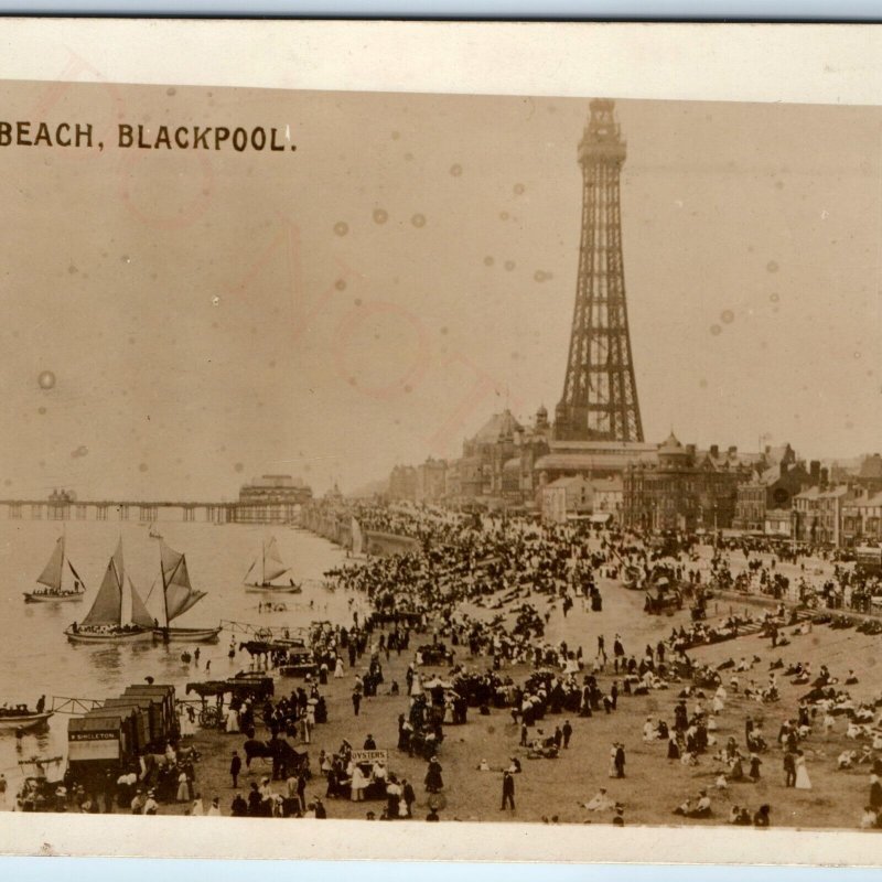 1909 Blackpool, England RPPC Beach Real Photo Oyster Kiosk Bathing Machines A73