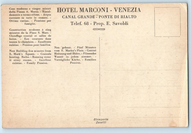 Venice Veneto Italy Postcard Hotel Marconi and Bridge View c1920's Antique