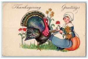 c1910's Thanksgiving Greetings Girl Sat On Pumpkin Feeding Turkey Postcard