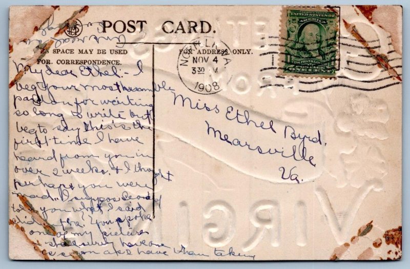 1908 GREETINGS FROM NORFOLK VIRGINIA EMBOSSED AIRBRUSHED ANTIQUE POSTCARD